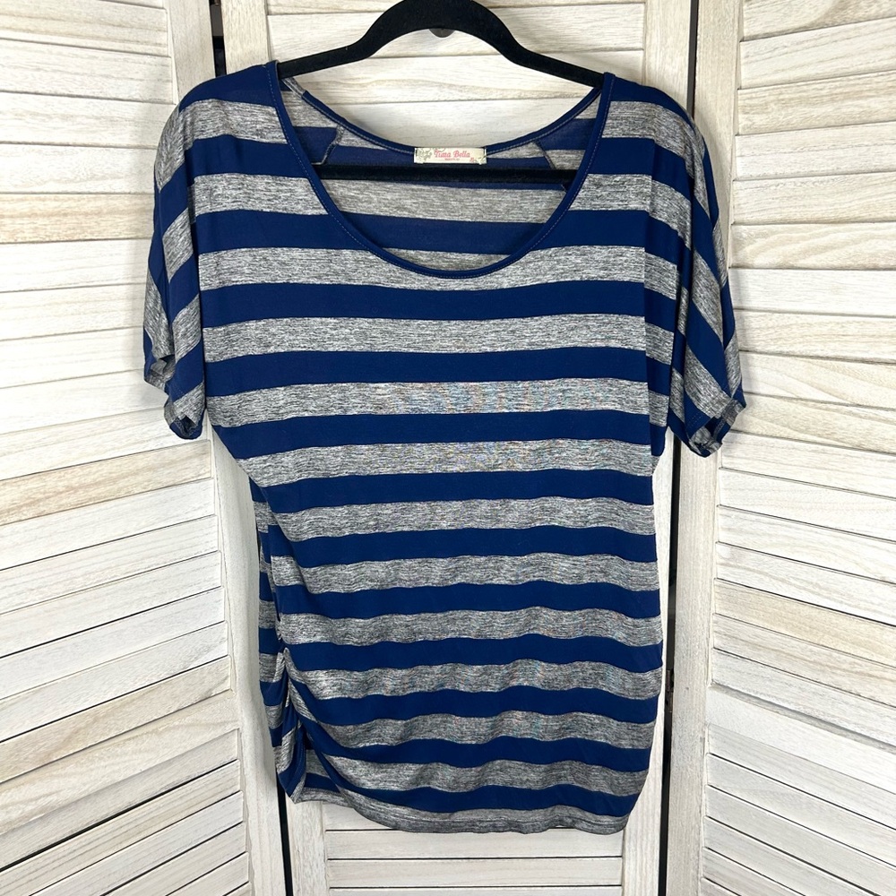 Tutta Bella Maternity Navy Blue and Gray Striped Short Sleeve Stretch Top XL